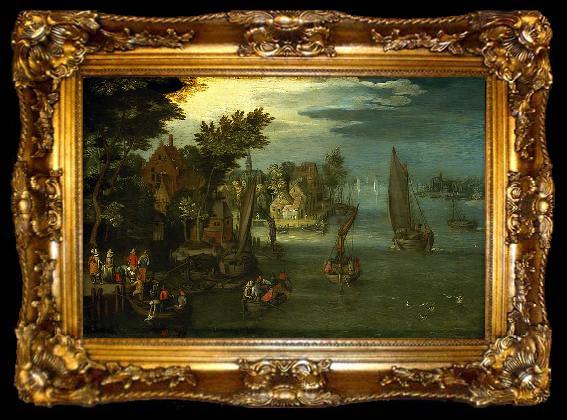 framed  Jan Brueghel A Busy River Scene with Dutch Vessels and a Ferry, ta009-2